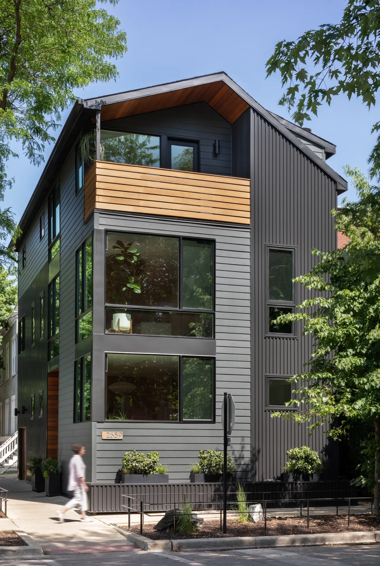 Rear elevation with cedar balcony and mixed siding