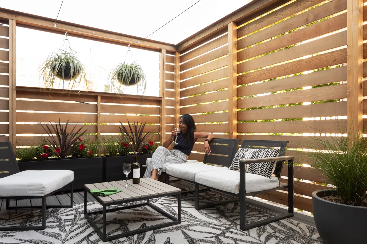 Covered cedar deck with lounge seating